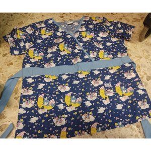 Liana Uniforms Women's Scrub Top Large Short Sleeve Blue Kid's Sleep Theme